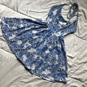 Blue Floral Halter Skater Dress